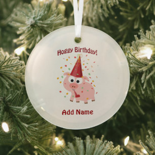 Hoggy Birthday Pig Glass Ornament