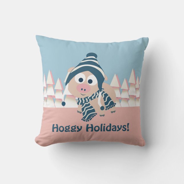 Hoggy Holidays! Winter Pig Throw Pillow (Front)