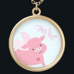 "Hogs and Kisses" Cute Flying Pig Gold Plated Necklace<br><div class="desc">art by cocoa studio</div>