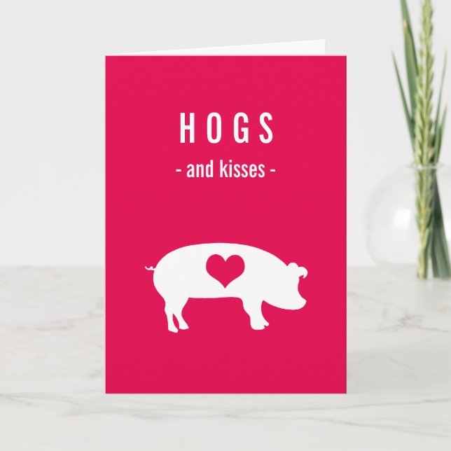 Hogs and Kisses Valentine with Pig on Deep Pink Holiday Card (Front)