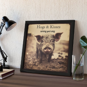 Hogs & Kisses Vintage Sepia Pig Art Photo Print