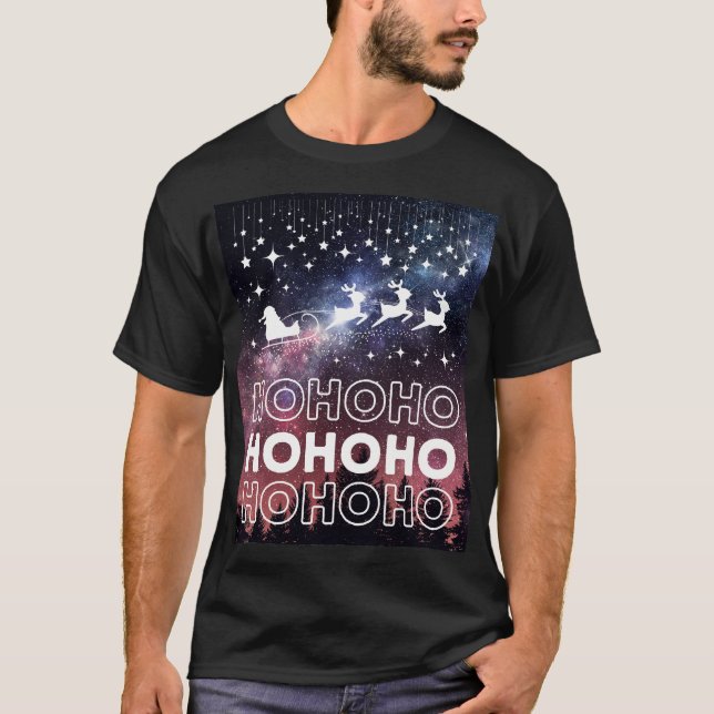 Hohoho Santa Claus Reindeers Red Starry Sky T-Shirt (Front)