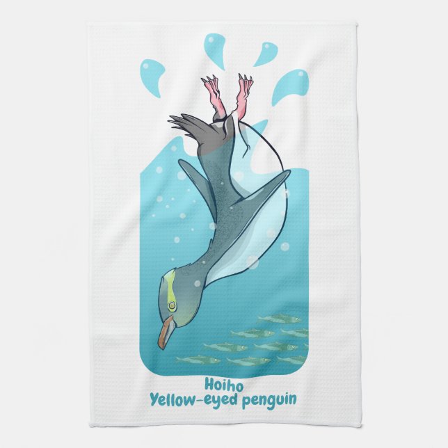 HOIHO YELLOW EYED PENGUIN SWIMMING KITCHEN TOWEL (Vertical)
