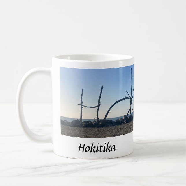 Hokitika driftwood beach photography coffee mug (Left)