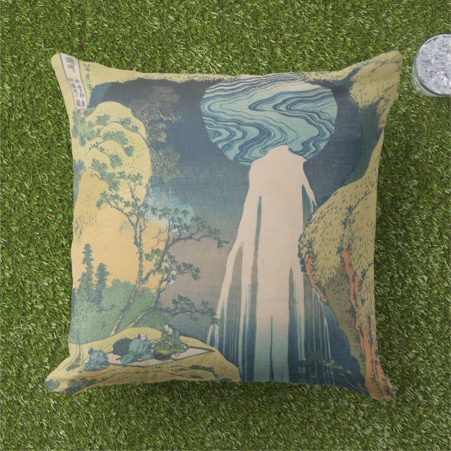 Hokusai Amida Falls Japan Waterfall  Outdoor Pillow (Grass)