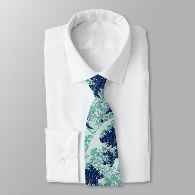 Hokusai Blue Waves Pattern Tie (Tied)