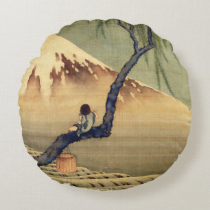 Hokusai Boy Viewing Mount Fuji Japanese Vintage Round Pillow