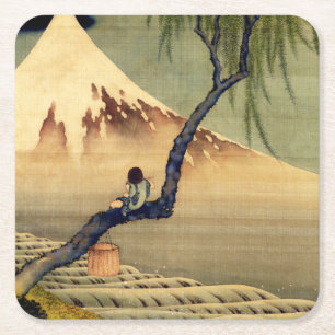 Hokusai Boy Viewing Mount Fuji Japanese Vintage Square Paper Coaster