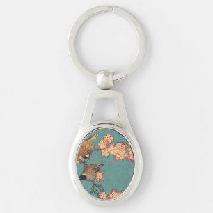 Hokusai Bullfinch and Cherry Blossom Vintage Bird Keychain