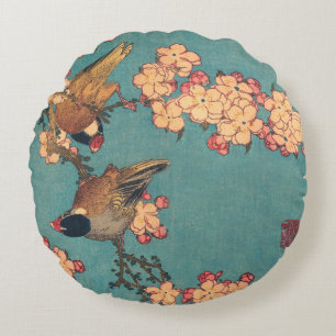 Hokusai Bullfinch and Cherry Blossom Vintage Bird Round Pillow