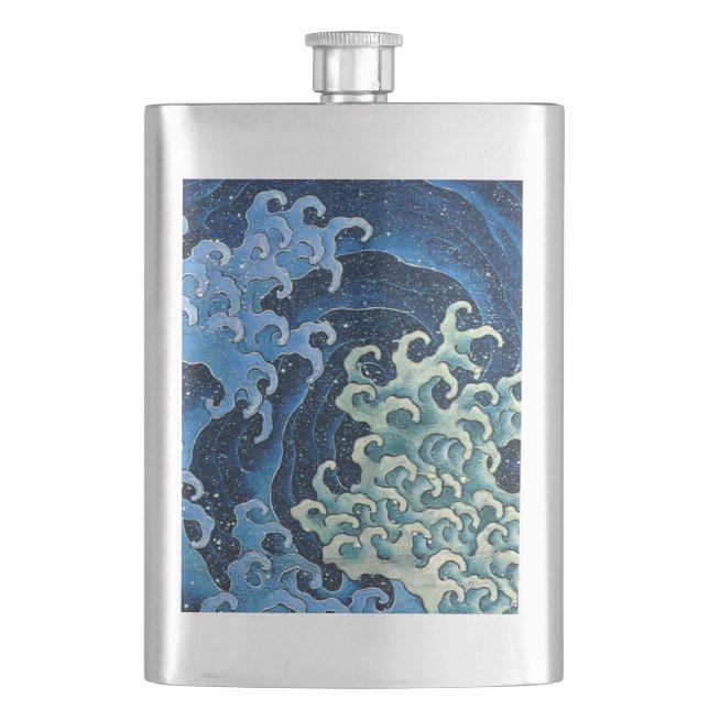 Hokusai Feminine Wave Vintage Ocean  Hip Flask (Front)