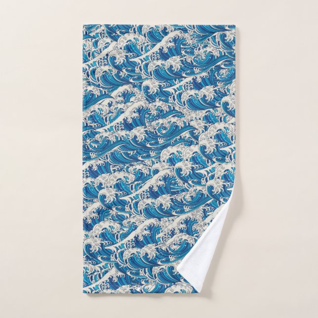 Hokusai Grande vague Motif bleu marine (Serviette à main)