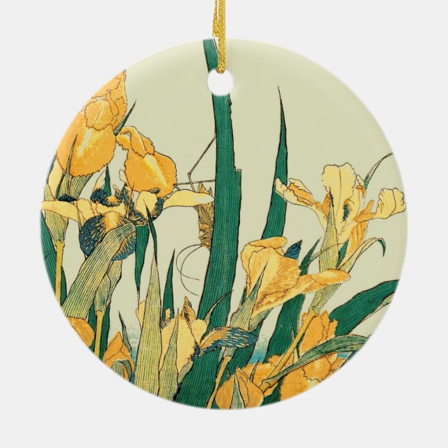 Hokusai grasshopper and iris Japan Ceramic Ornament (Back)