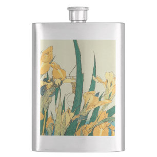 Hokusai grasshopper and iris Japan Hip Flask