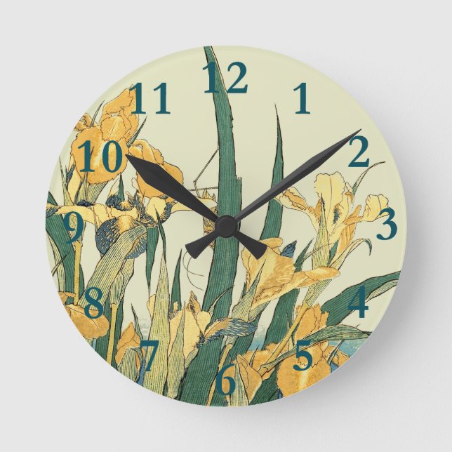 Hokusai grasshopper and iris Japan Round Clock (Front)