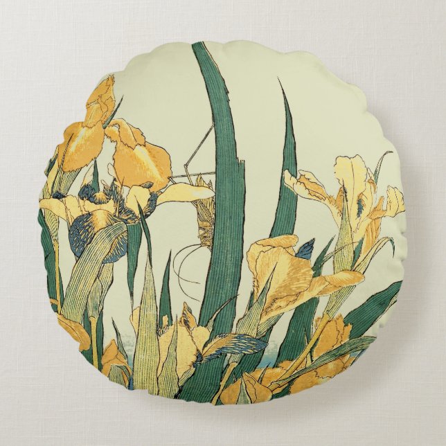 Hokusai grasshopper and iris Japan Round Pillow (Front)