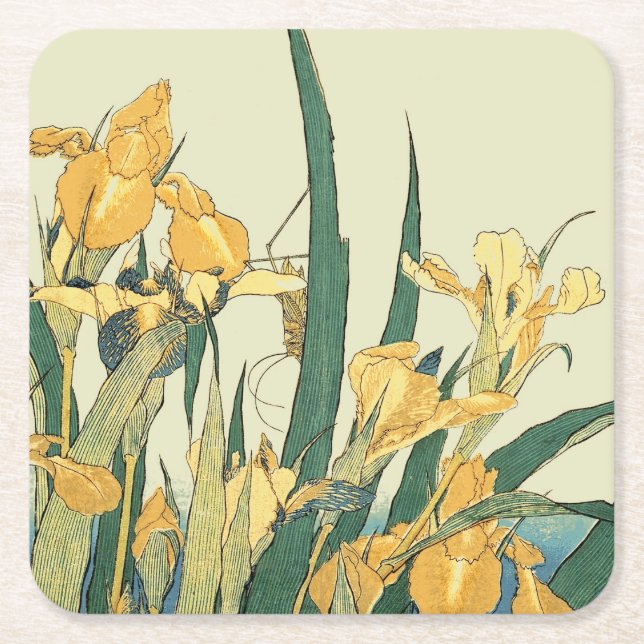 Hokusai grasshopper and iris Japan Square Paper Coaster (Front)