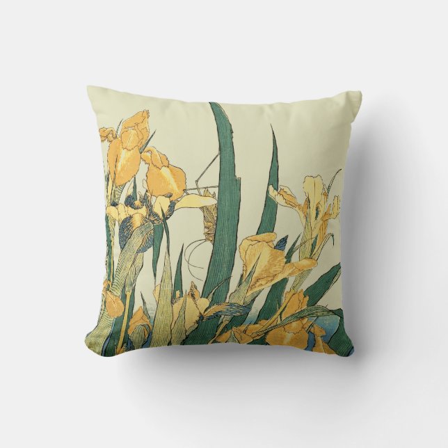Hokusai grasshopper and iris Japan Throw Pillow (Front)