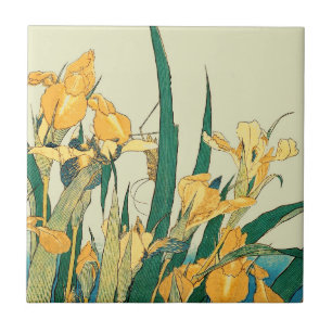 Hokusai grasshopper and iris Japan Tile