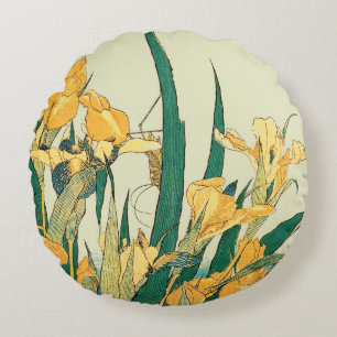 Hokusai Grasshopper Iris Vintage Print: Japanese Round Pillow