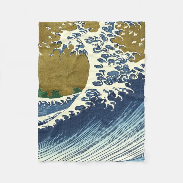 Hokusai Great Wave Pattern: Japanese Ukiyo-e Art Fleece Blanket (Front)