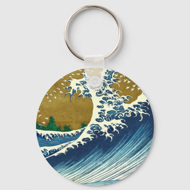Hokusai Great Wave Pattern: Japanese Ukiyo-e Art Keychain (Front)