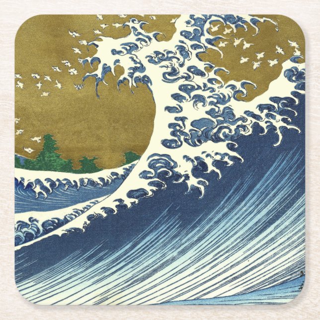 Hokusai Great Wave Pattern: Japanese Ukiyo-e Art Square Paper Coaster (Front)