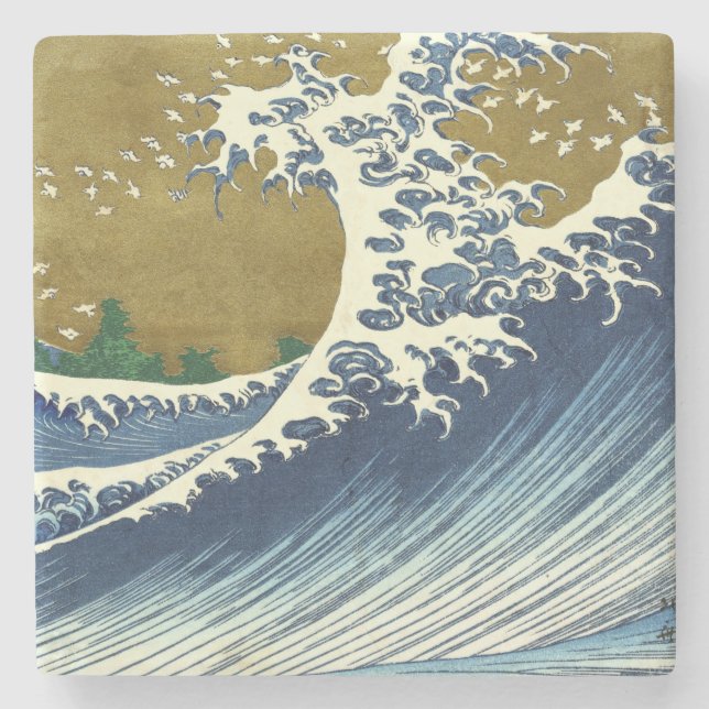 Hokusai Great Wave Pattern: Japanese Ukiyo-e Art Stone Coaster (Front)