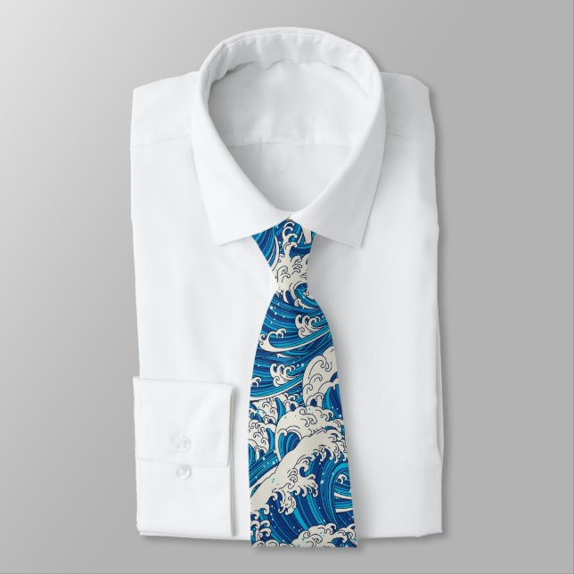 Hokusai Great Wave Pattern Nautical Blue Ocean Tie (Tied)