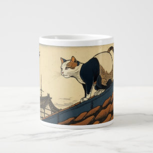 Hokusai inspired art with a cute cat large coffee mug