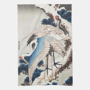 Hokusai Japanese Art Two Cranes Snowy Pine Kitchen Towel