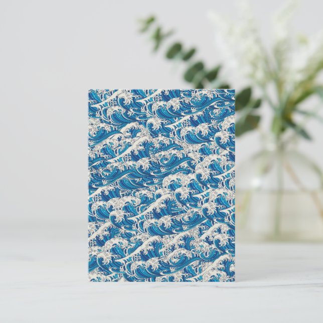 Hokusai Japanese Great Wave Pattern Nautical Blue Postcard (Standing Front)