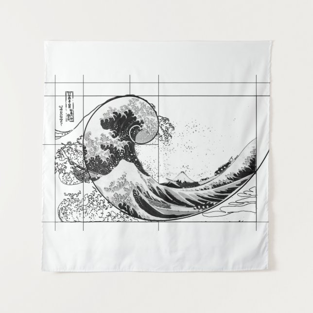 Hokusai Meets Fibonacci, Black and White  Tapestry (Front)