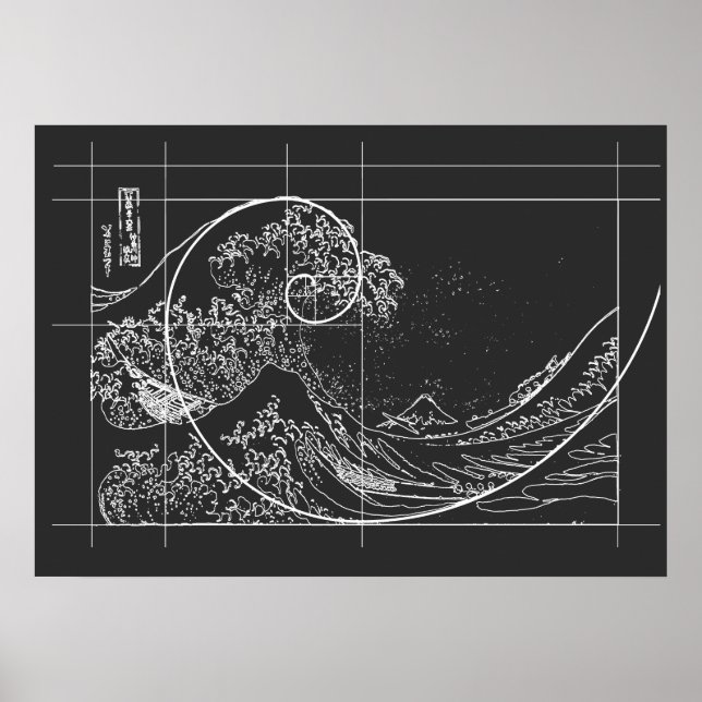 Hokusai Meets Fibonacci linear black and white Poster (Front)