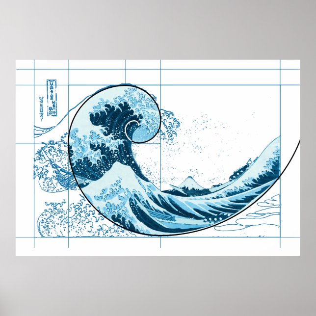 Hokusai rencontre Fibonacci, affiche bleue (Devant)
