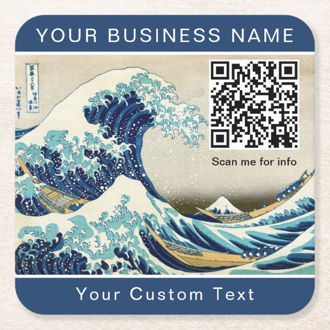 Hokusai - The Great Wave off Kanagawa - QR Code Square Paper Coaster (Front)