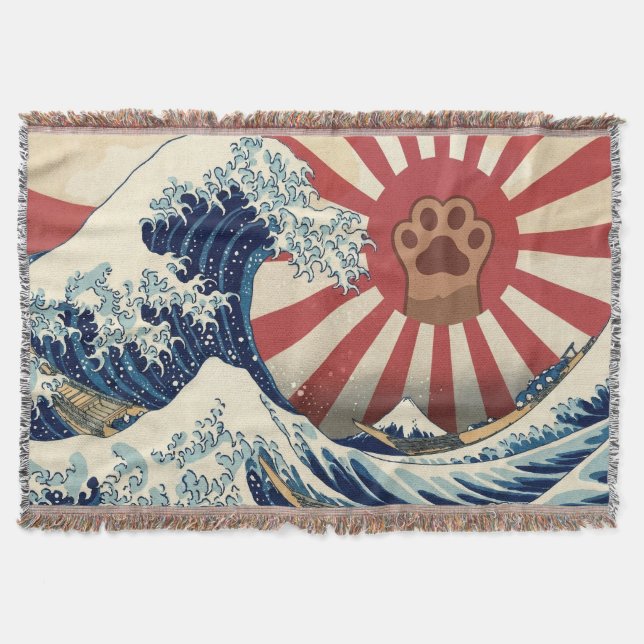 HOKUSAI "The Great Wave" & Rising Sun Flag & Cat Throw Blanket (Front)