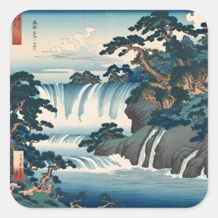 Hokusai Ukiyo-e Japanese Waterfall Landscape Blue  Square Sticker