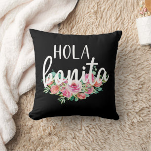 Hola Bonita Spanish Roses Typography Chic Modern  Throw Pillow