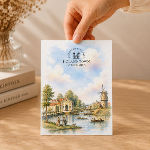 Holand Town, Dutch Watercolor Landscape Holiday Postcard