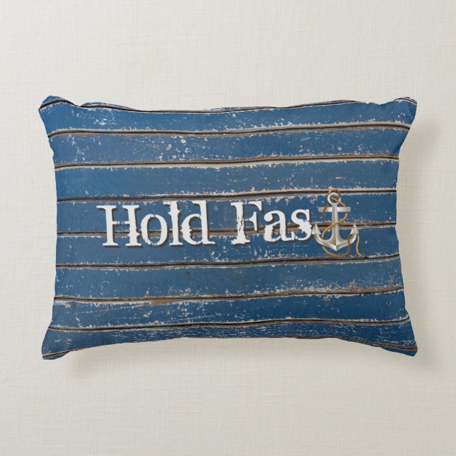 Hold Fast Anchor On Blue Wood Accent Pillow (Front)