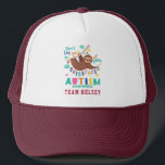 Hold On Sloth Autism Awareness Team Custom Trucker Hat<br><div class="desc">Don't Let Go of Your Uniqueness Autism Awareness design featuring a sloth hanging on a tree branch and not letting go. Cute,  bright,  and fun design for your Awareness campaigns and fun runs. Add your team name by clicking the "Personalize" button above</div>
