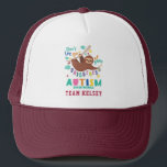 Hold On Sloth Autism Awareness Team Custom Trucker Hat<br><div class="desc">Don't Let Go of Your Uniqueness Autism Awareness design featuring a sloth hanging on a tree branch and not letting go. Cute,  bright,  and fun design for your Awareness campaigns and fun runs. Add your team name by clicking the "Personalize" button above</div>