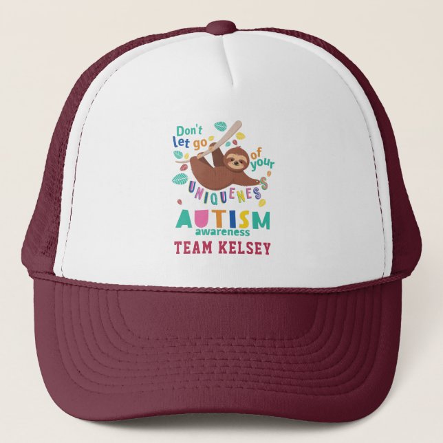 Hold On Sloth Autism Awareness Team Custom Trucker Hat (Front)