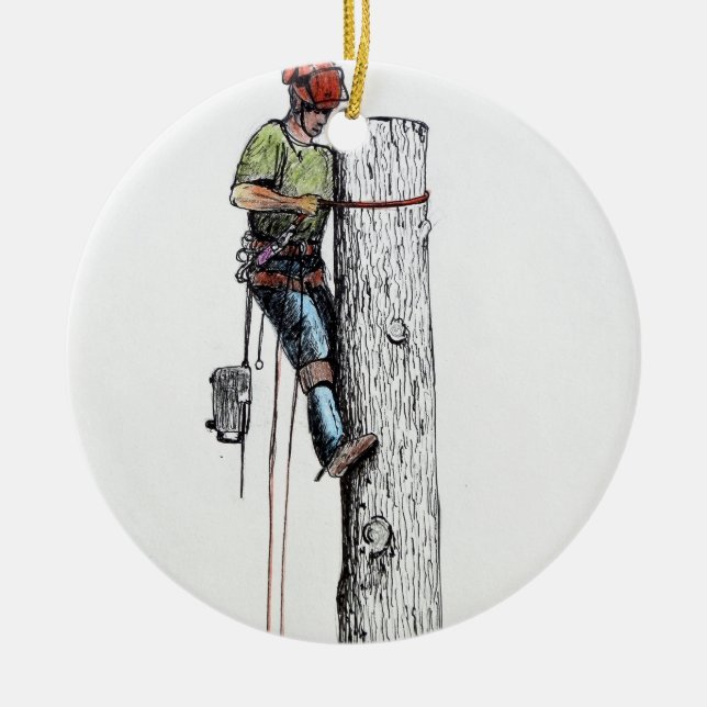 Hold on tight tree surgeon ceramic ornament (Front)