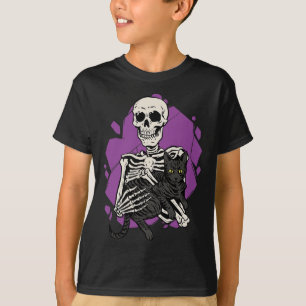 Holding A Black Cat Lazy Halloween Costume Skull T-Shirt