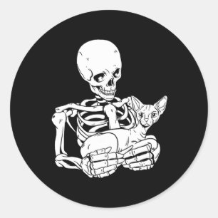 Holding Cat Funny Halloween Skull Sphynx Cat Classic Round Sticker