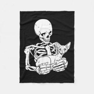 Holding Cat Funny Halloween Skull Sphynx Cat  Fleece Blanket