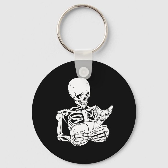 Holding Cat Funny Halloween Skull Sphynx Cat  Keychain (Front)