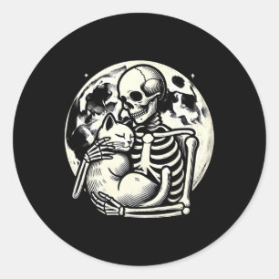 Holding Cat Spooky Skull Halloween Gothic Kitty Classic Round Sticker